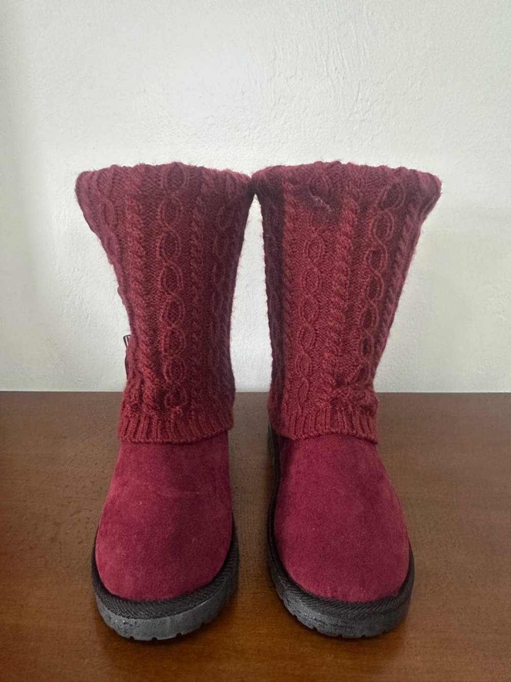 BearPaw Women's Cable-Knit Top Suede Boots in Burgundy
